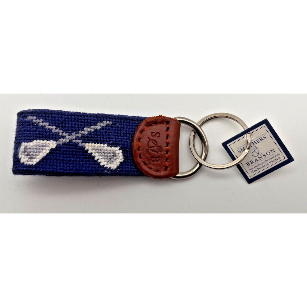 Smathers & Branson Lacrosse Needlepoint Key Fob Keychain Blue Leather NEW